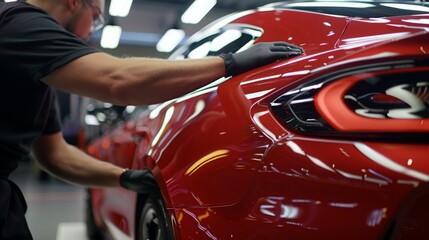 Aufkleber - A worker wearing black gloves polishes the red paint of a new car in a factory. The car is shiny and reflective, reflecting the surrounding lights.