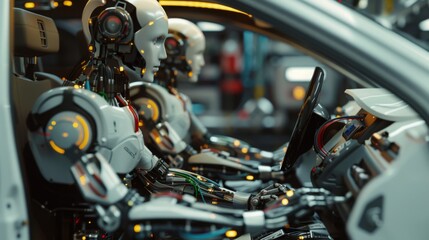 Aufkleber - Robots with human-like features drive cars on an assembly line in a factory with precision and care.