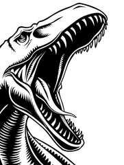 Wall Mural - A black and white drawing of a dinosaur with its mouth wide open. The drawing conveys a sense of power and strength, as well as a sense of danger and fear