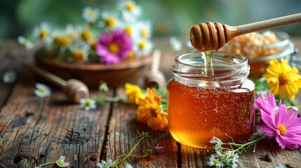 Honey Jar with Spoon: A rustic jar of honey with a wooden spoon dipped into it, set on a wooden table with scattered wildflowers. 