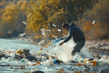 Sticker - a man throwing plastic bottles into the river