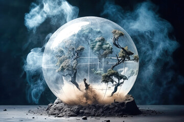 Wall Mural - A glass globe, symbolizing our planet, is enveloped in smoke and dust, signifying the environmental catastrophe affecting Earth