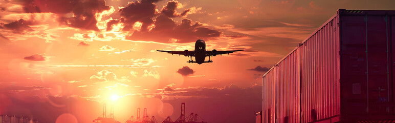 Wall Mural - A silhouette of an airplane flying over cargo containers at sunset