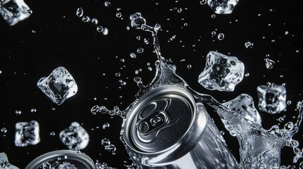 Floating ice cubes and splash surrounding an empty aluminum can on a black background