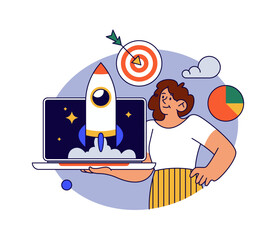 Aufkleber - Business startup launching, isolated female personage with starting project. Vector flat girl cartoon character implementing idea based on target audience and market analysis