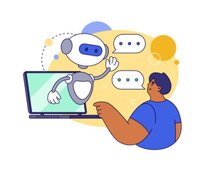 Poster - Artificial intelligence application in laptop, chatbot communicating with man. Vector flat personal virtual digital assistant or helper for people, giving advice and in messenger