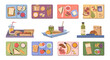 © Sensvector - Lunchtime with meal and dishes, isolated food for lunch break at work or school. Vector set of trays with sandwiches and croissant, juice and soda, fresh vegetables and fruits, banana and tomatoes