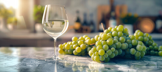 A glass of white wine sits on a table next to a bunch of green grapes. The sun shines through a window in the background