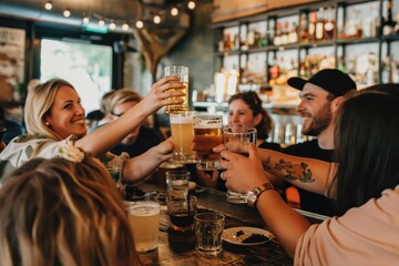 Wall Mural - friends drinking beer at a bar