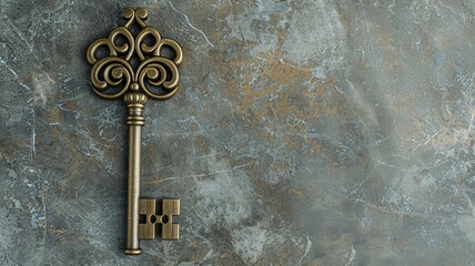 Ornate vintage key on weathered textured surface