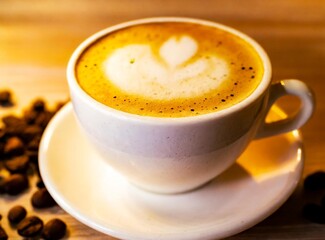 Canvas Print - Big white hot cup of coffee isolated on wooden table top view closeup