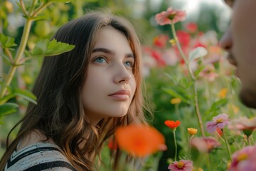 Sticker - a young man and a woman in a flower garden