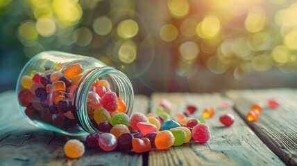 Wall Mural - Colorful candies in glass jar on wooden table with blurred background