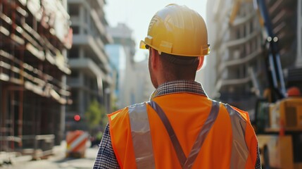 Wall Mural - a construction worker in a hard hat and safety vest looking at a construction site in the distance on a city street..