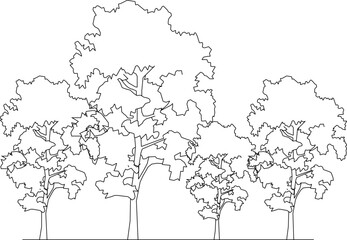 Vector silhouette illustration sketch, detailed design of a collection of tree plants in the forest 
