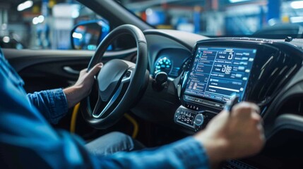 Aufkleber - A drivers hand is shown interacting with a digital dashboard in a modern car. The display shows various information about the vehicle.