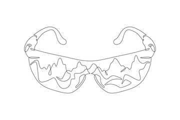 Wall Mural - Beautiful classic glasses. Mountain landscape is reflected in the glasses. High peak.One continuous line drawing on a white isolated background. Minimalism linear illustration.