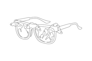 Wall Mural - Beautiful classic glasses. Mountain landscape is reflected in the glasses. High peak.One continuous line drawing on a white isolated background. Minimalism linear illustration.