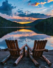 Serene lakeside scene with two rustic wooden chairs facing a calm water under a vibrant sunset sky, surrounded by lush mountains.