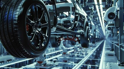 Poster - A close-up view of a car wheel on an assembly line. The car is being assembled in a modern factory.