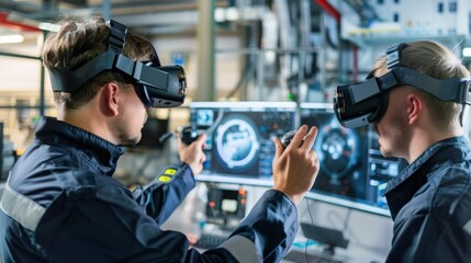 Poster - Two workers wearing VR headsets interact with a computer screen in an industrial setting. They appear to be using virtual reality technology for training or simulation purposes.