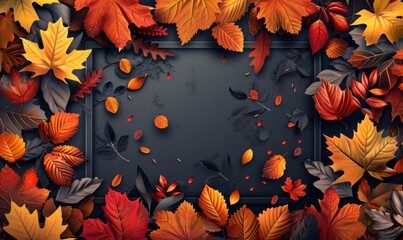 Wall Mural - Autumnal Leaf Border with a Black Background