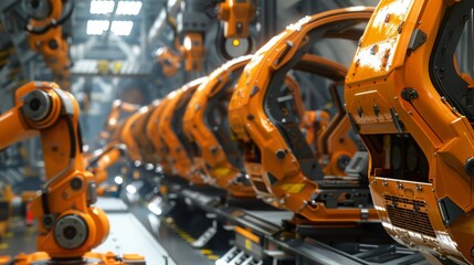 Leinwandbilder - A close-up view of multiple orange robotic arms working on an assembly line, showcasing the automation of modern manufacturing.