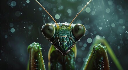 Close Up Of Praying Mantis With Water Droplets On Its Body