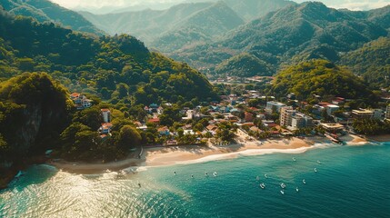 Wall Mural - Aerial view of a beautiful beach near a small town with buildings and green mountains in the background. The water is calm and the sky is clear