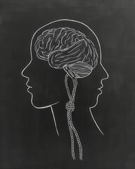 Artistic outline of two human profiles with brain and spinal cord illustration on chalkboard background, symbolizing mental and neurological concepts.