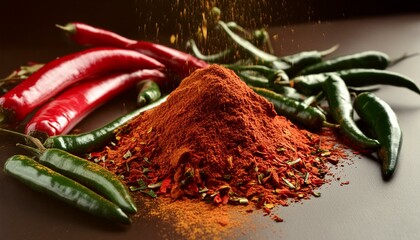 Composition with powdered and raw chili peppers on dark background, Food photography