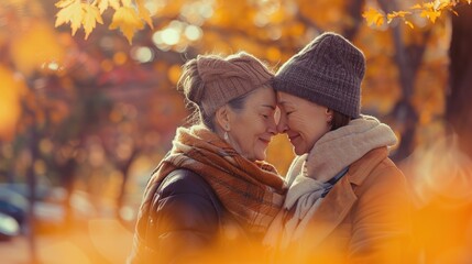 daughter hugging her mother in the park with blurred autumn trees background