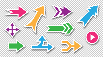 Poster - Arrow stickers. Pointer icons. Round button. Rotate or swirl label. Straight or curve way symbols. Smooth marker shape with shadow. Navigation banner. Vector direction color signs set
