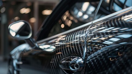 Poster - Close-up of car door in carbon fiber finish. Intricate weave and sleek lines visible, reflecting surroundings on surface.