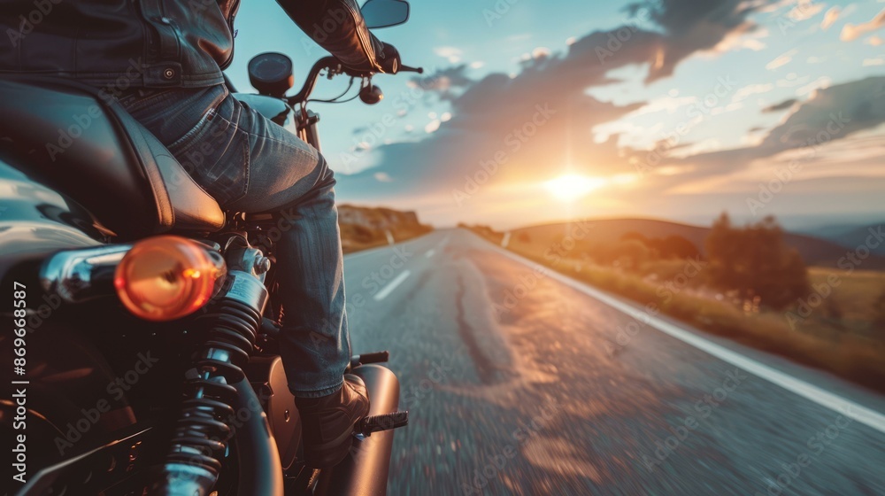 Motorcycle road trip sunset adventure. Biker enjoys a scenic motorcycle ...