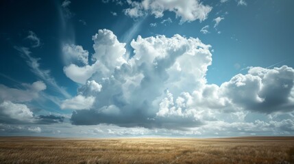 Dramatic clouds over golden field. A breathtaking vista of a golden field under a sky filled with dramatic, billowing clouds and sunrays, offering a serene and picturesque landscape.