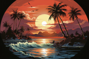 Wall Mural - Tropical Sunset Landscape Illustration with Palms