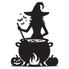 Wall Mural - Halloween witch silhouette with broomstick, hats and magic pot vector illustration isolated on white background