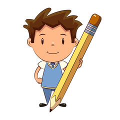 Wall Mural - Child student holding big pencil, blue school uniform