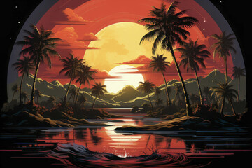 Wall Mural - Tropical Sunset Landscape Illustration with Palms