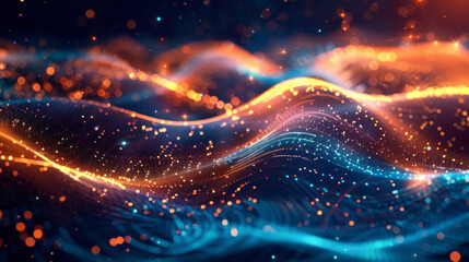 Wall Mural - Abstract digital background with glowing dots and wavy lines on dark blue, orange, and yellow colors. Big data visualization concept for technology theme