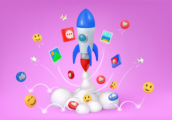 Aufkleber - 3d rocket. Social media icon of business technology, marketing and communication internet banner . Isolated render glossy elements. Spaceship launching. Promotion vector cartoon illustration
