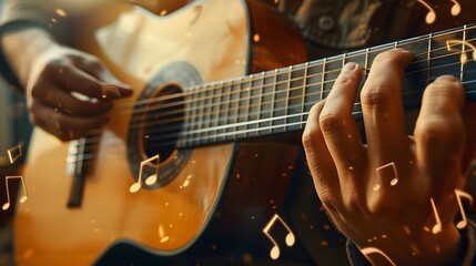 Playing the Guitar: Close-up of hands strumming the strings of an acoustic guitar, with musical notes around.