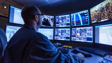 Poster - A man sits in front of multiple computer screens in a control room, likely monitoring a system or operation. The screens display various data and information.