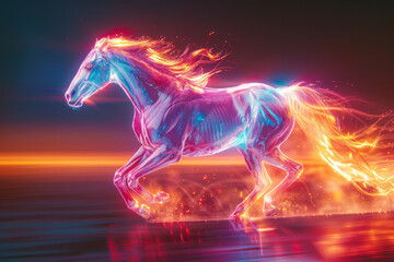 Poster - A holographic horse with a transparent body and neon highlights, galloping across a bright background,