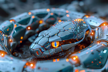 Wall Mural - A robotic snake with metallic scales and LED-lit eyes slithering on a luminous path,