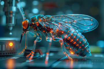 Wall Mural - A futuristic insect with glowing exoskeleton and transparent wings, buzzing around a high-tech laboratory,