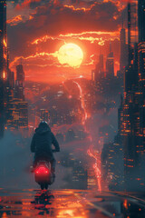 Poster - Artistic depiction of a young professional riding an electric scooter through a futuristic cityscape at sunrise,