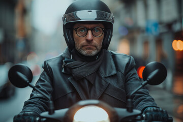 Canvas Print - Close-up of a commuter wearing a helmet and suit, confidently riding an electric scooter to the office,