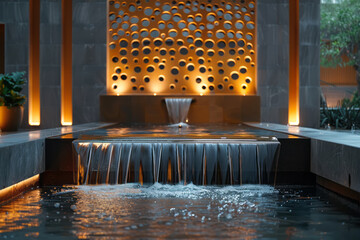 Poster - A minimalist, geometric fountain with laser-cut patterns and water flowing through illuminated channels,